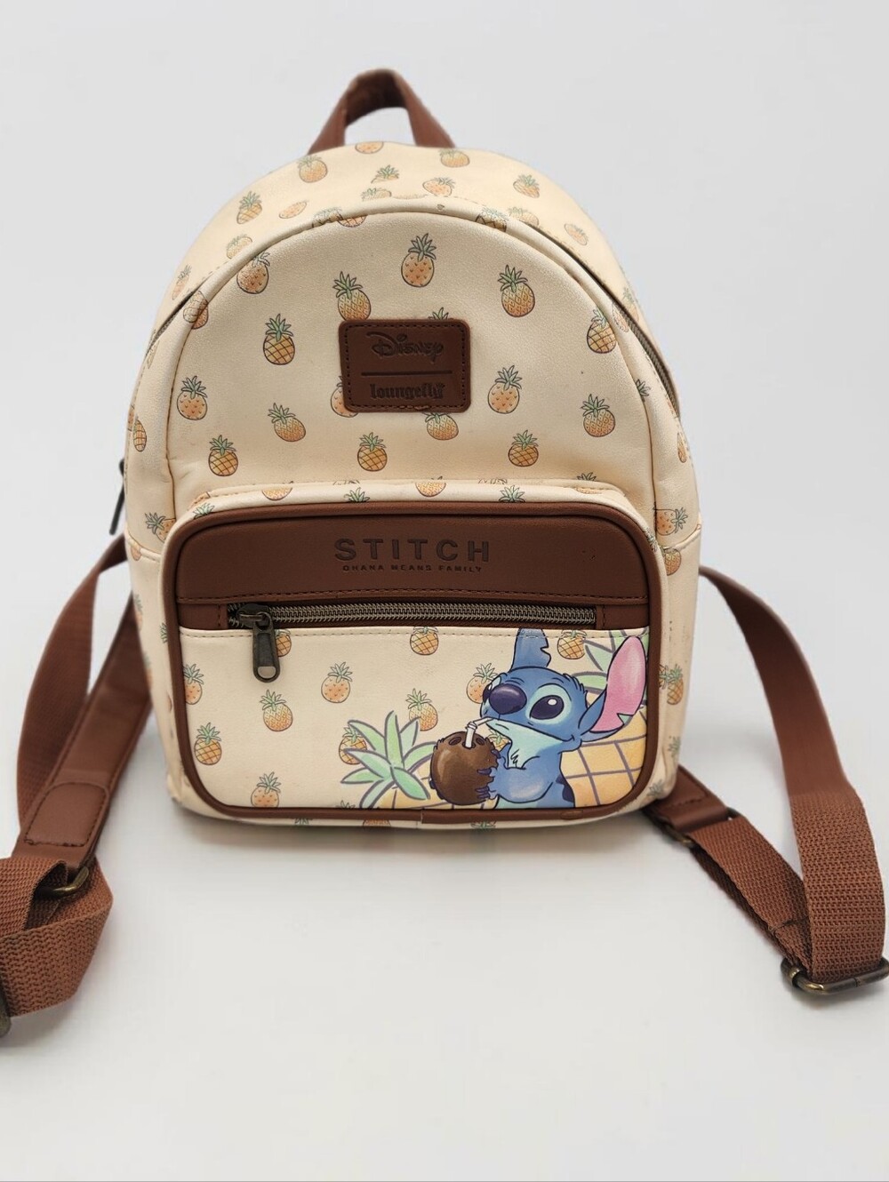 Disney Lilo Stitch Pineapple Print  Backpack Beige Brown See Photos